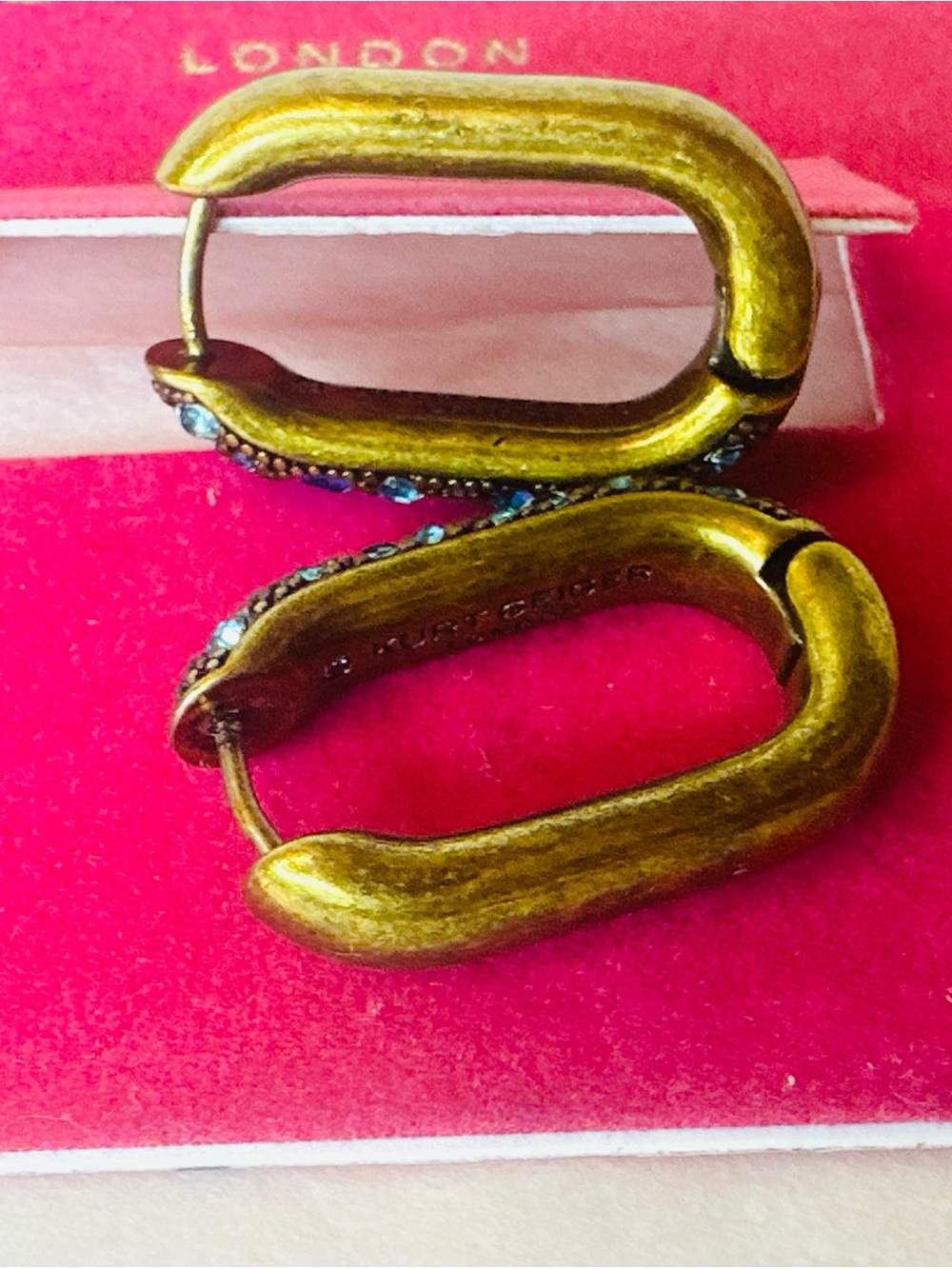NWT Kurt Geiger Antique Gold Hoop Earrings with Turquoise Crystals - Picture 5 of 8